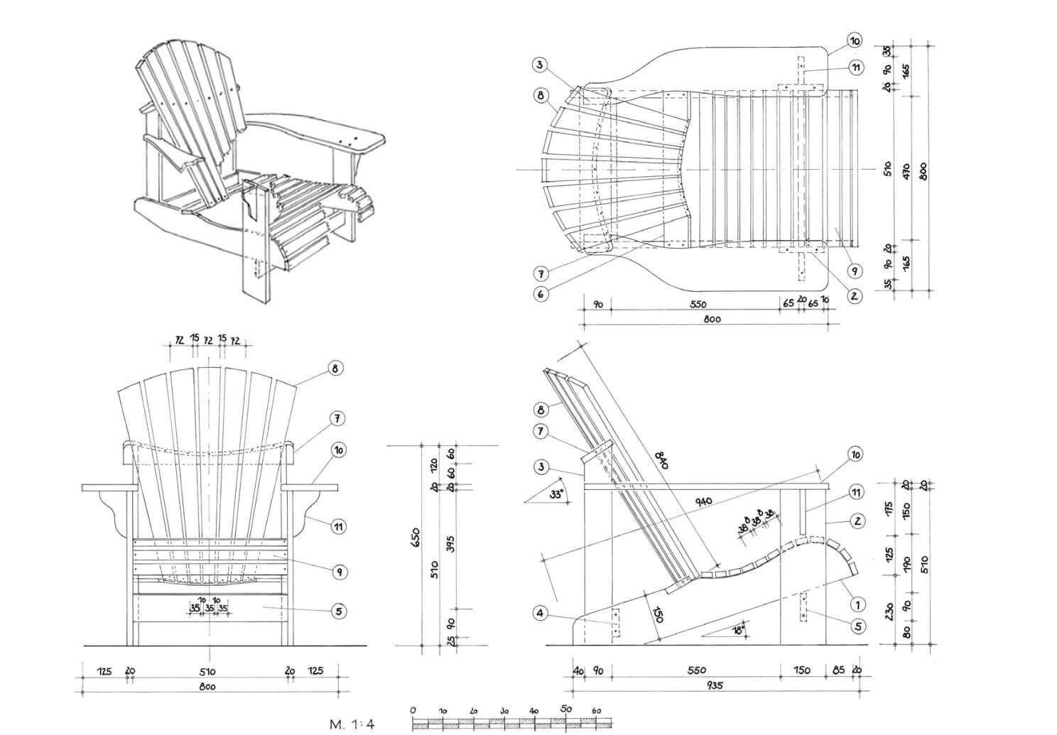 Садовое кресло Adirondack Chair чертеж